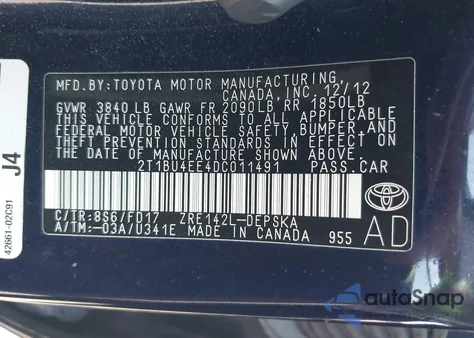 2013 Toyota Corolla S from USA, damaged, VIN 2T1BU4EE4DC011491